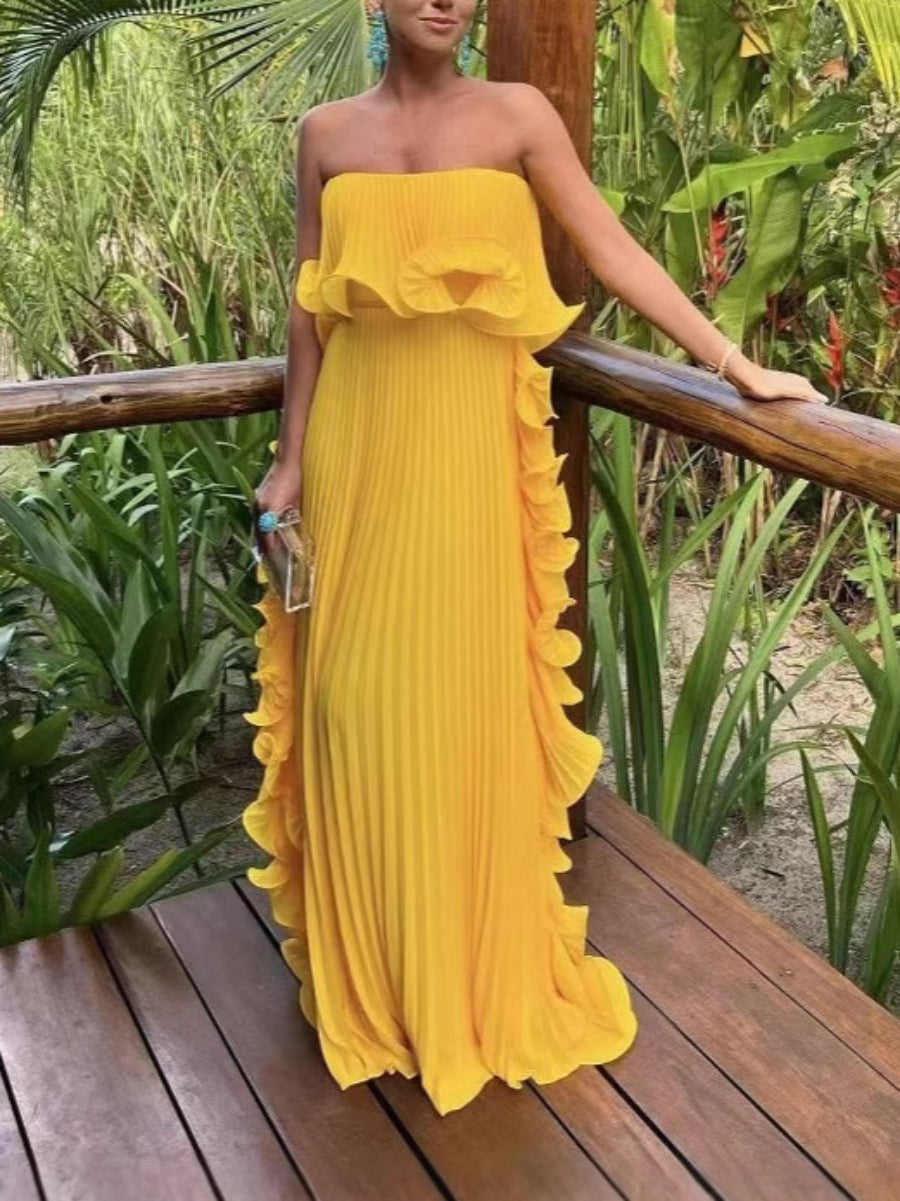 Elegant Off Shoulder Free Bust Ruffle Hem Pleated Sheer Chiffon Floor Length Party Dress