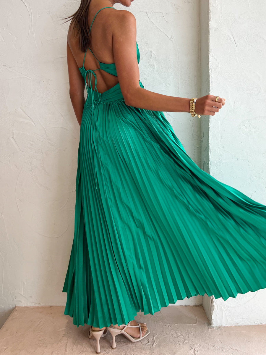 Satin Spaghetti Strap Deep V Twist Waist Pleated Maxi Dress