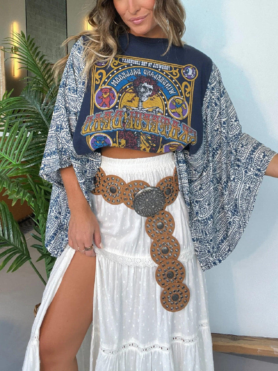 Printed round neck loose casual batwing sleeve top