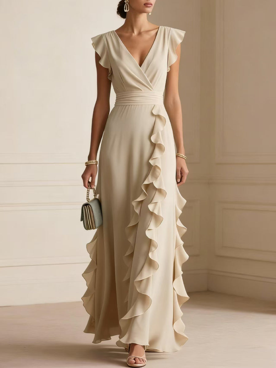 Chiffon Wrap V Neck Ruffle Cap Sleeve High Waist Side Ruffle Maxi Dress