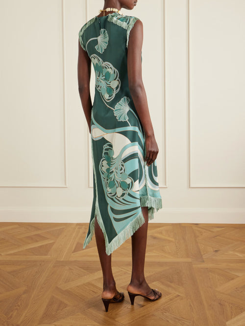 Dark Emerald Green Art Deco Ginkgo Print Sleeveless Midi Dress