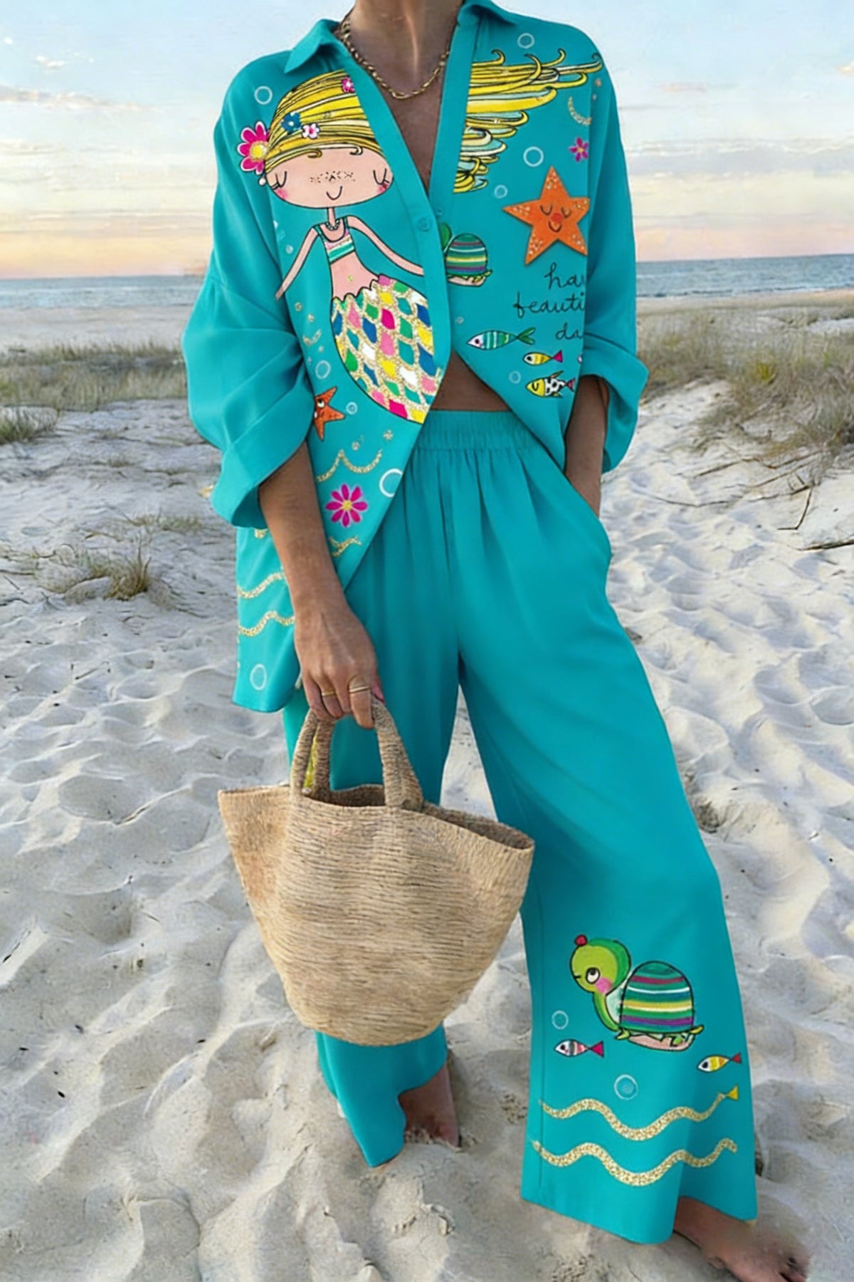 Women's Turquoise Cute Mermaid & Sea Creature Print 2-Piece Co-Ord Set - Oversized Shirt & Wide Leg Pants for Summer Beach Vacation