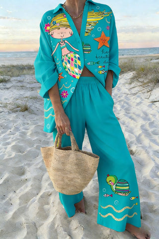Women's Turquoise Cute Mermaid & Sea Creature Print 2-Piece Co-Ord Set - Oversized Shirt & Wide Leg Pants for Summer Beach Vacation