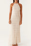 Women's Ivory Textured Halter Neck Maxi Dress - Sleeveless Ruffled Gown for Bridal Shower & Beach Wedding
