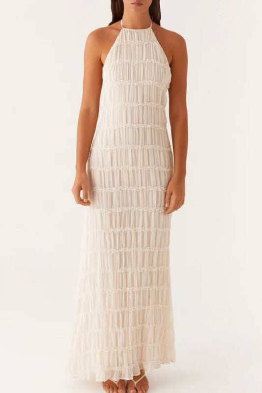 Women's Ivory Textured Halter Neck Maxi Dress - Sleeveless Ruffled Gown for Bridal Shower & Beach Wedding