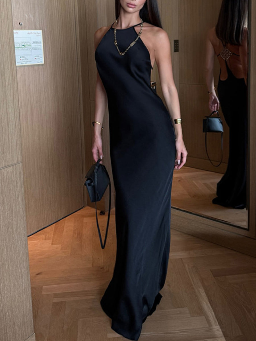 Satin Rhinestone Mesh Back Cutout Spaghetti Strap Floor Length Mermaid Maxi Dress