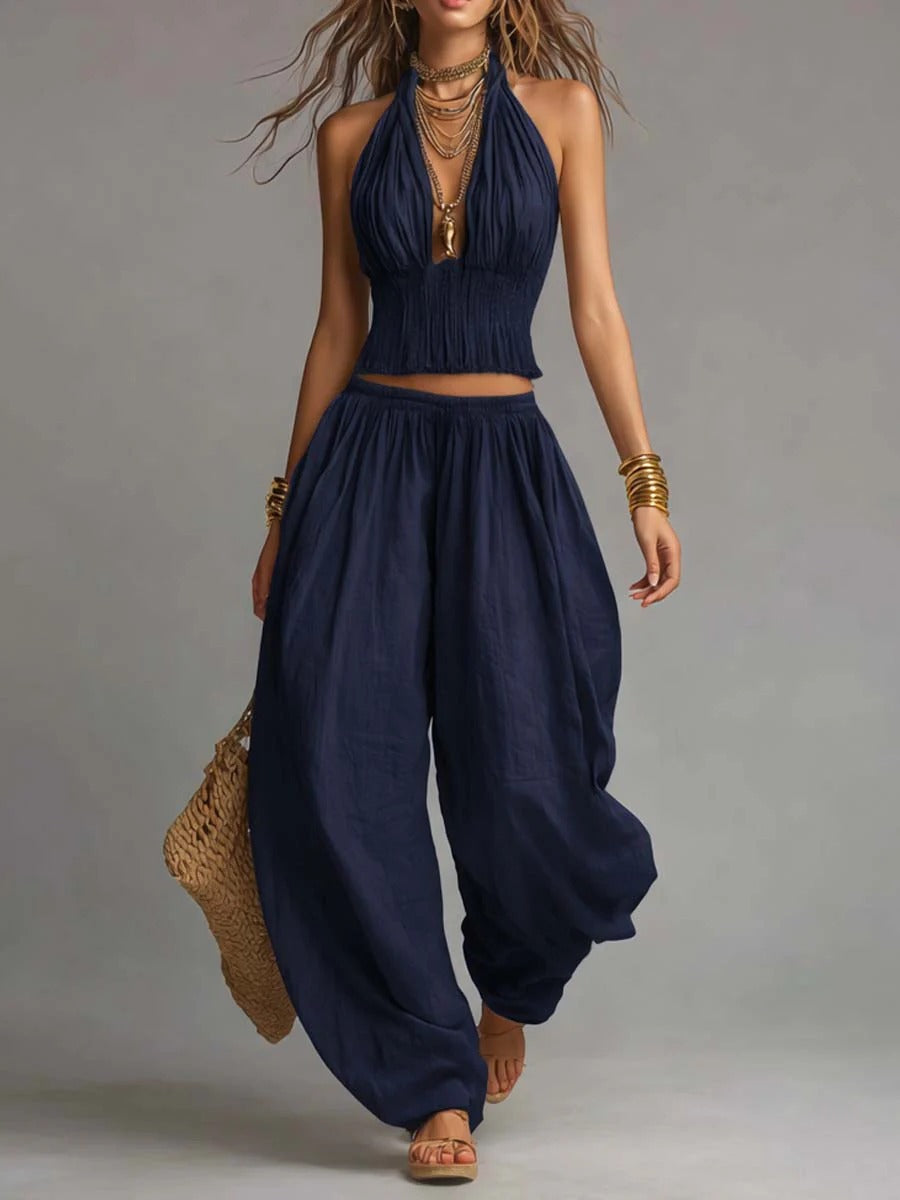 Linen Halter Ruched Smocked Crop Top Harem Wide Leg Pants Two Piece Matching Set
