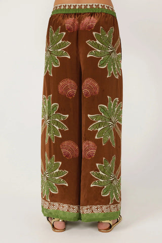 Women's Brown Palm Tree & Seashell Print 2-Piece Co-Ord Set - Short Sleeve Shirt & Wide Leg Pants for Summer Beach Resort Wear