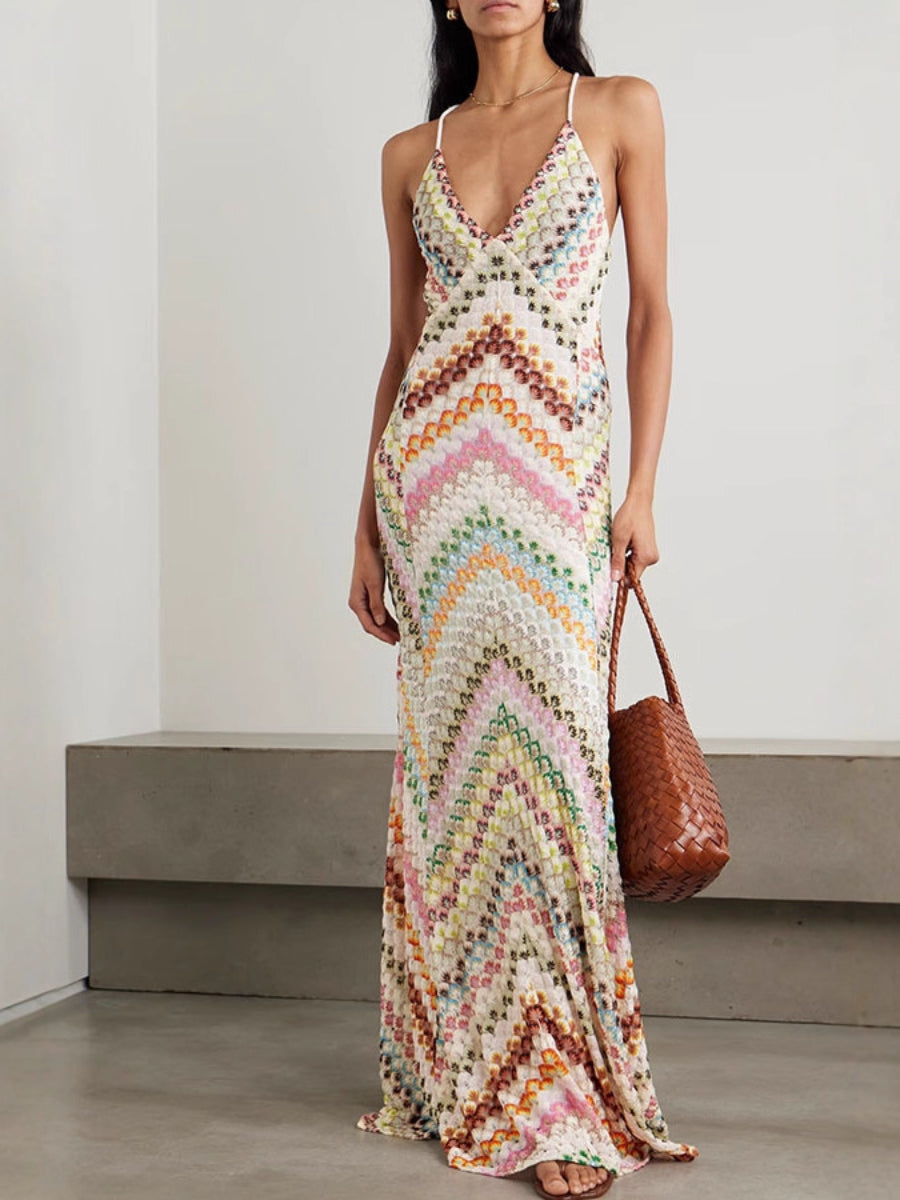 Chevron Crochet Spaghetti Strap V-Neck Maxi Slip Dress