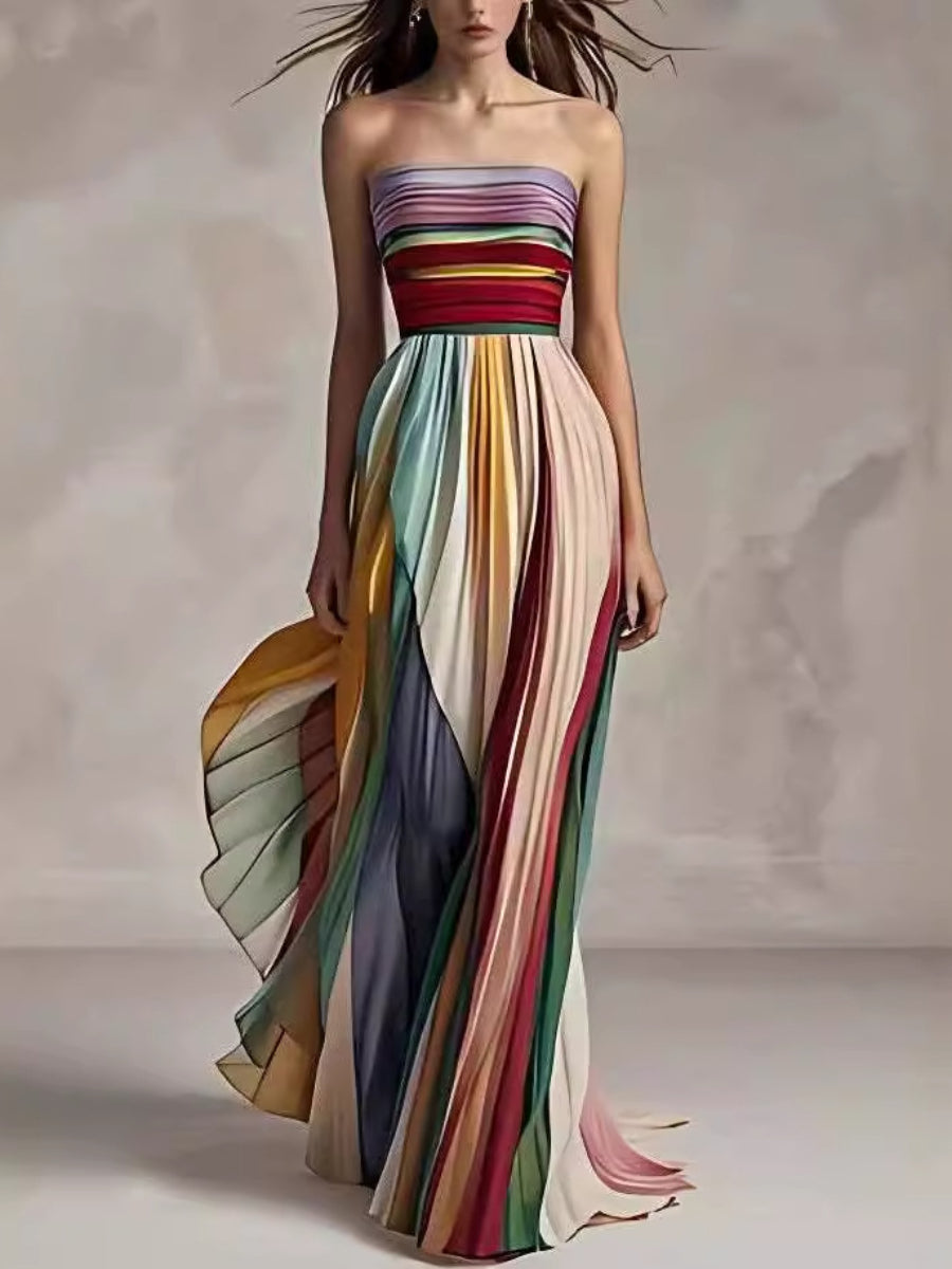 Rainbow Vertical Stripe Strapless Pleated Chiffon Maxi Gown Color Block Backless Train Evening Dress