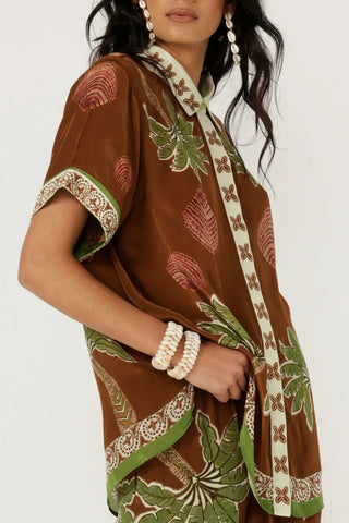 Women's Brown Palm Tree & Seashell Print 2-Piece Co-Ord Set - Short Sleeve Shirt & Wide Leg Pants for Summer Beach Resort Wear