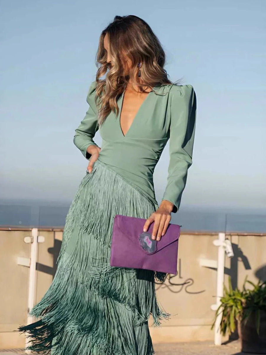 Puff Sleeve Deep V Wrap Waist Multi-Layer Fringe Midi Party Dress