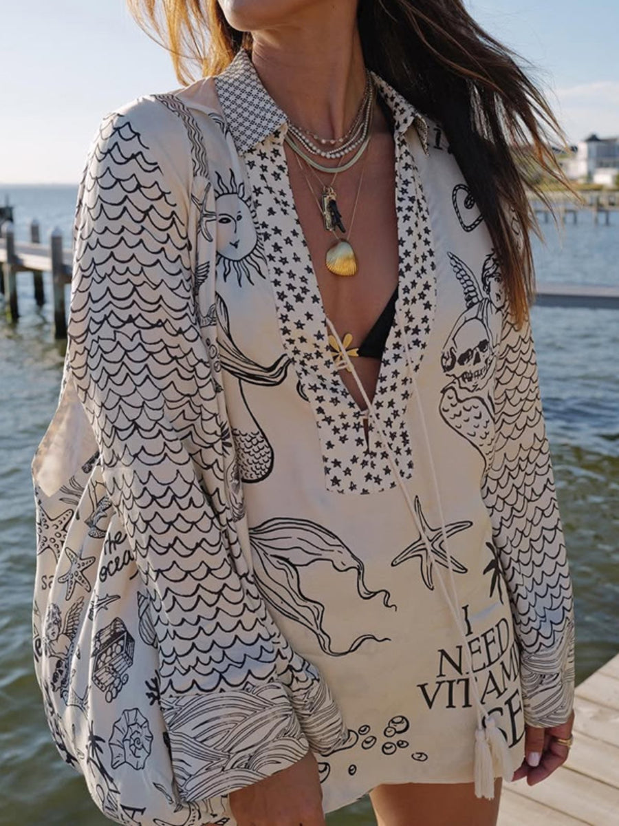 Cream Mermaid Ocean Print Tassel V Neck Long Sleeve Blouse & High Waist Shorts Two Piece Set