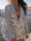 Cream Mermaid Ocean Print Tassel V Neck Long Sleeve Blouse & High Waist Shorts Two Piece Set