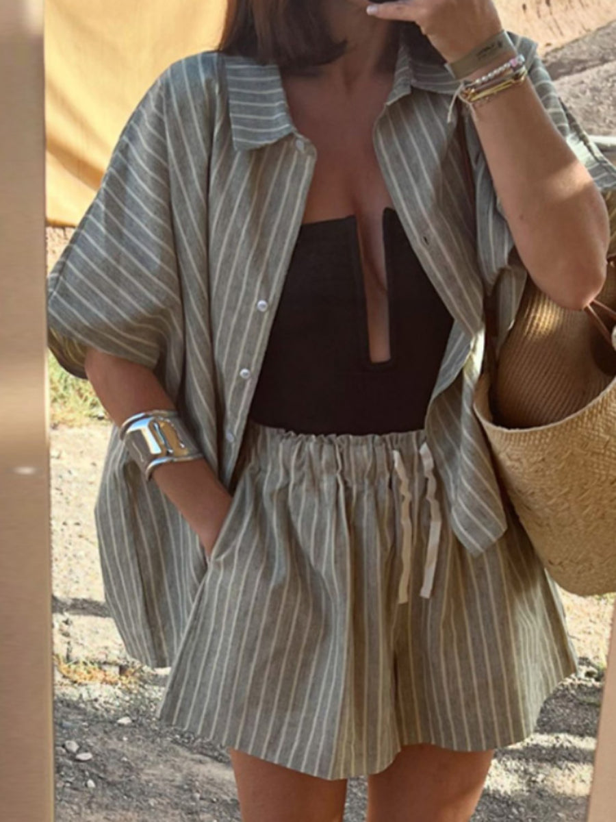 Women Linen Blend Striped Collar Loose Shirt Elastic Drawstring High Waist Casual Short Matching Outfit Main image