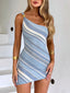 Blue White Diagonal Stripe Lurex Rib Knit One Shoulder Mini Dress