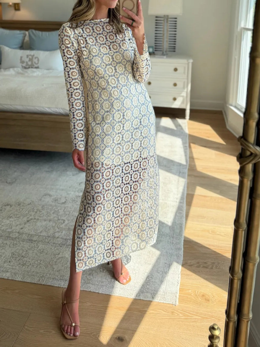 Cream Base Green Floral Circle Lace Long Sleeve Flare Cuff Midi Dress