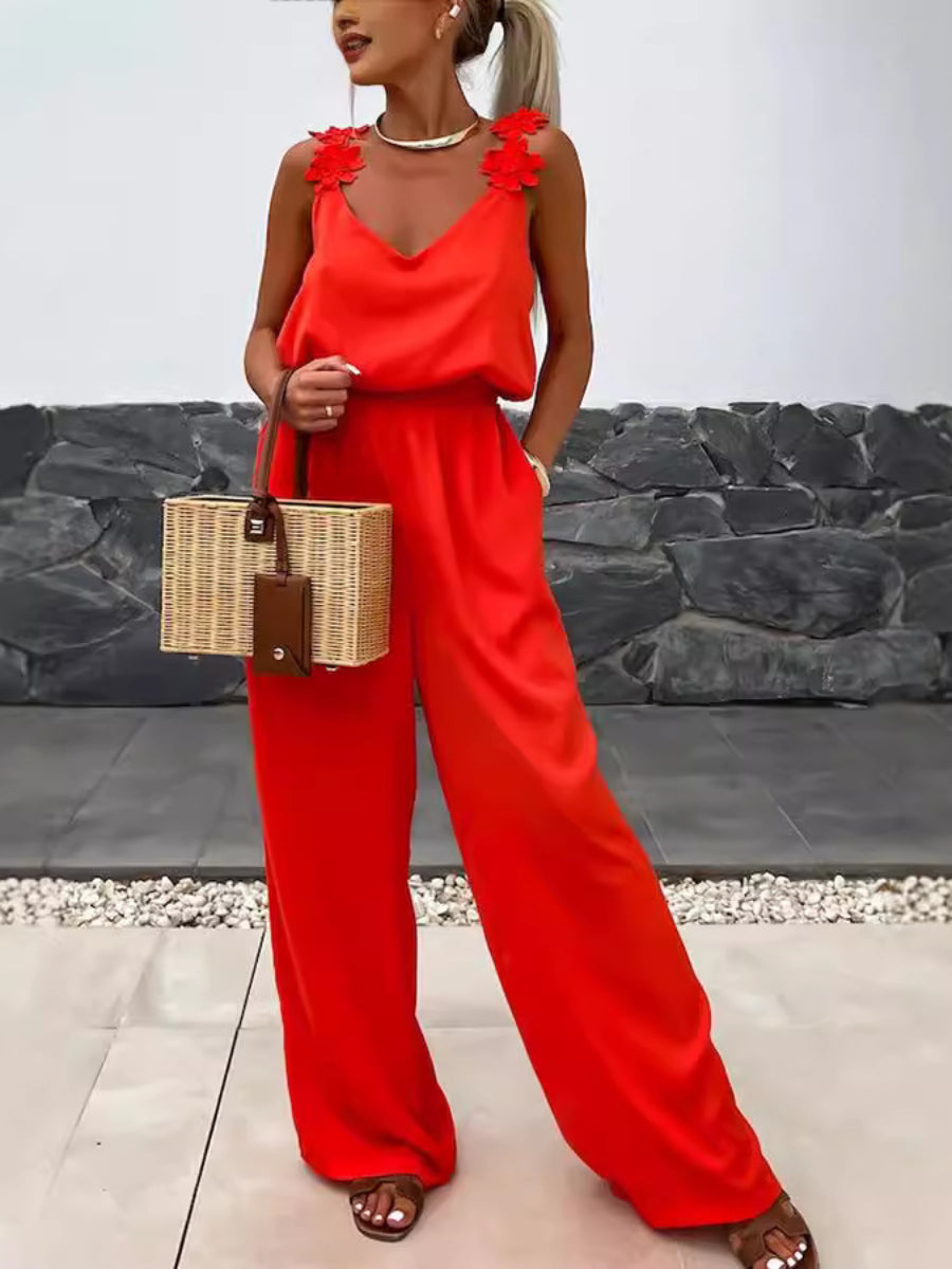 Solid Color Embroidered Flower Suspenders Casual Loose Jumpsuit