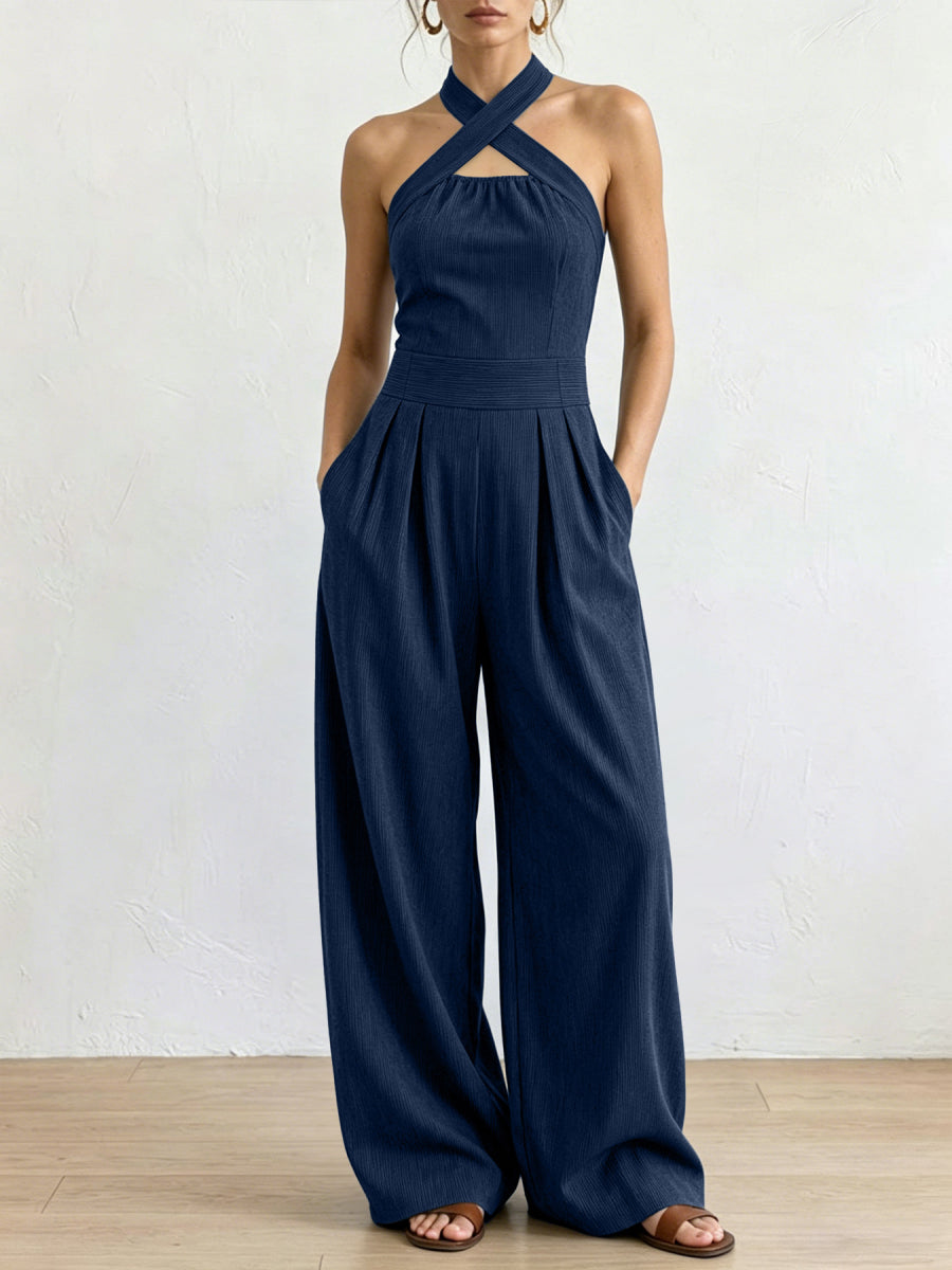 Vertical Ribbed Crisscross Halter Cutout Wide Leg Jumpsuit
