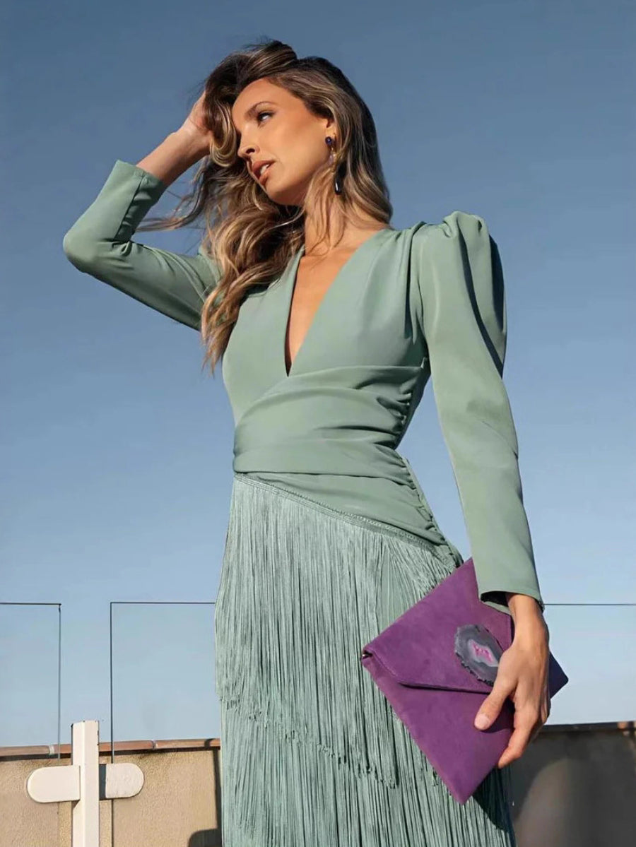 Puff Sleeve Deep V Wrap Waist Multi-Layer Fringe Midi Party Dress