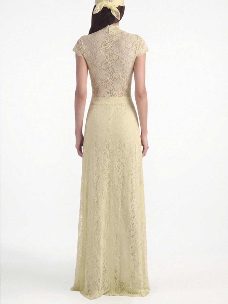 Floral Lace Cutout High Neck Wide Leg Pants Two Piece Matching Set