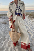 Short-sleeve linen-blend two-piece set with collared shirt and relaxed trousers for resort