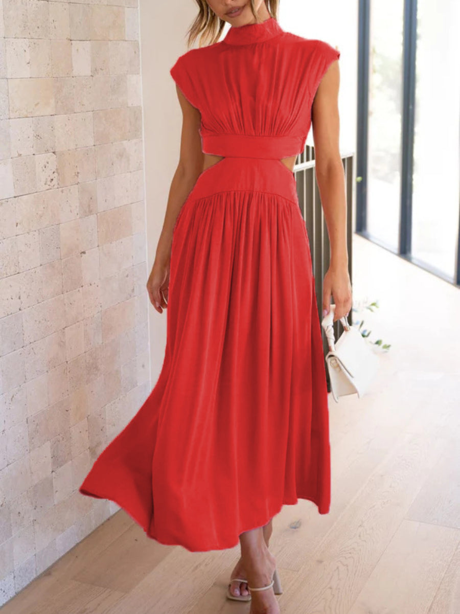 Satin High Neck Cap Sleeve Side Waist Cutout Pleated Midi Dress