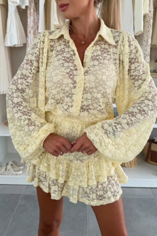 Elegant Puff Sleeve Lapel Shirt Ruffled Skirt Suit