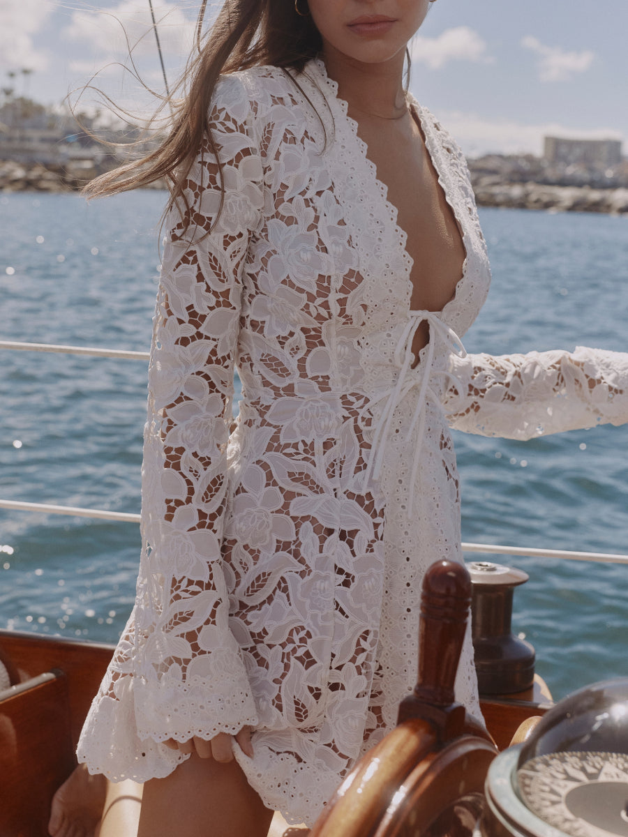 White Floral Cutout Lace Deep V Tie Front Flare Sleeve Sheer Mini Cover Up Dress Secondary image