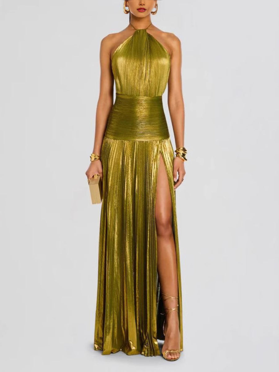 Metallic pleated slit halter neck maxi dress Secondary image