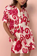Ivory and red linen short-sleeve camp shirt and shorts set in a bold Mediterranean floral print