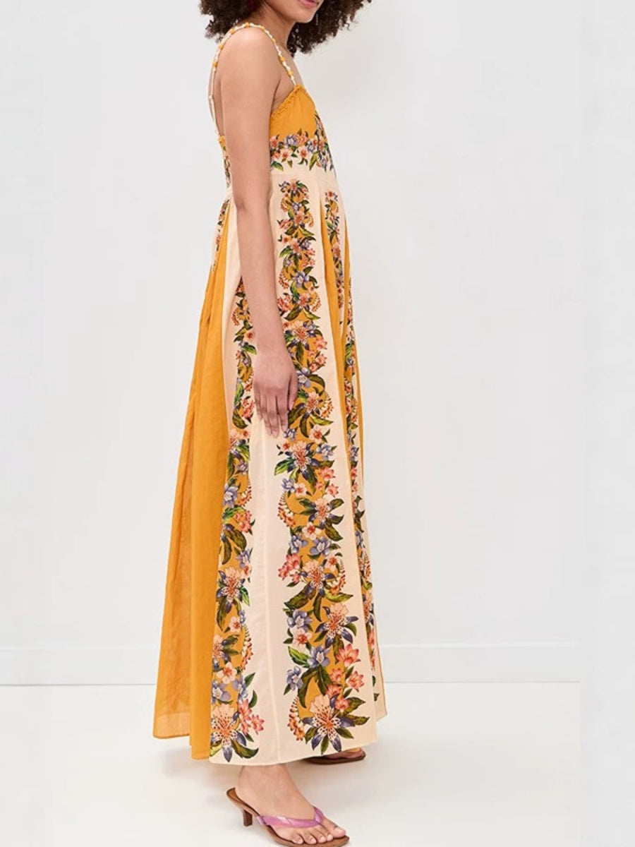 Vintage Floral Print Beaded Spaghetti Strap Empire Pleated Maxi Dress