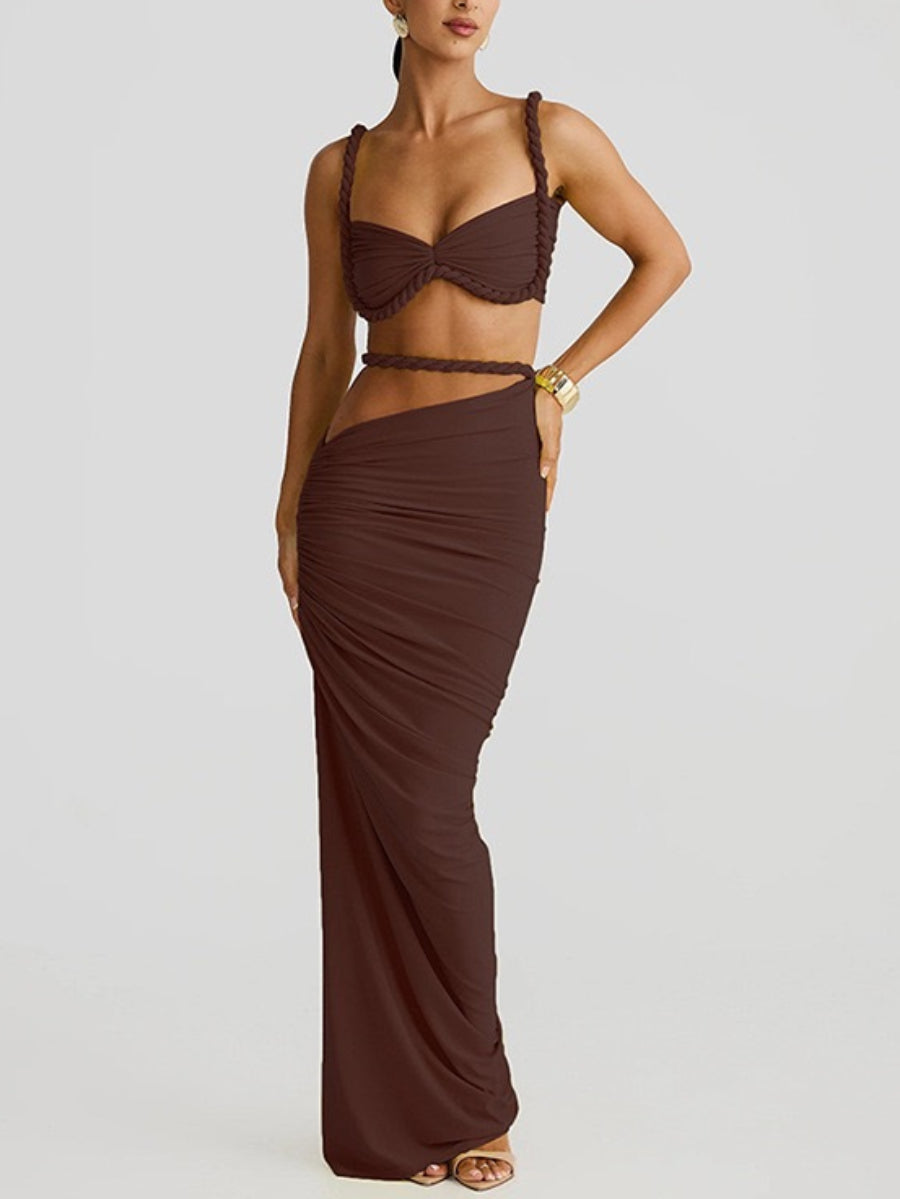 Women Braided Edge Spaghetti Strap Bustier Hollow Waist Bodycon Long Skirt Co Ord
