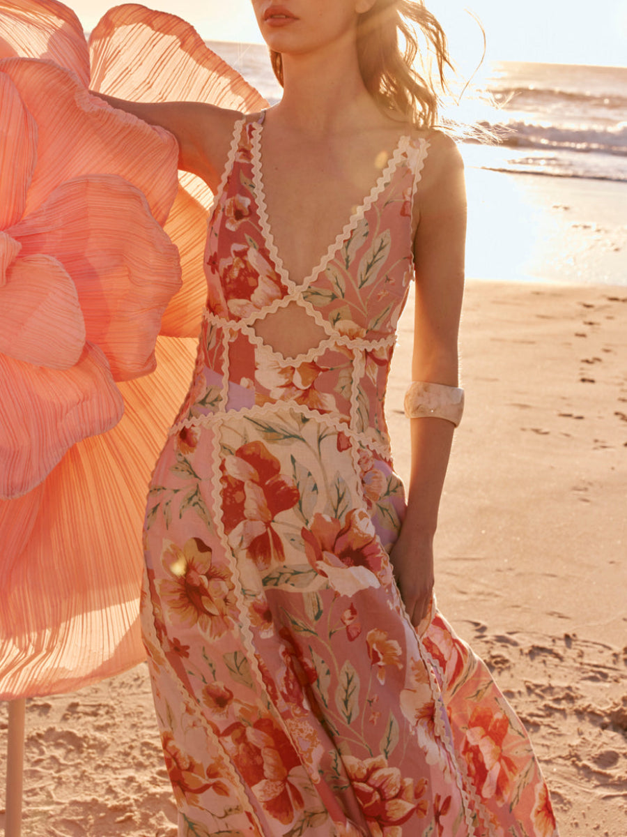 Pink Watercolor Floral Print Scalloped Lace Trim Cutout Waist Spaghetti Strap Maxi Dress