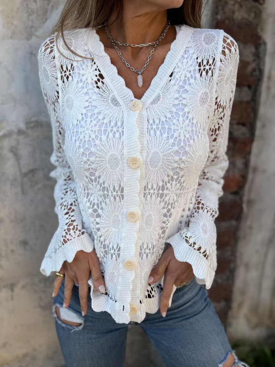 Floral Open Crochet Flare Sleeve V Neck Button Front Knit Cardigan