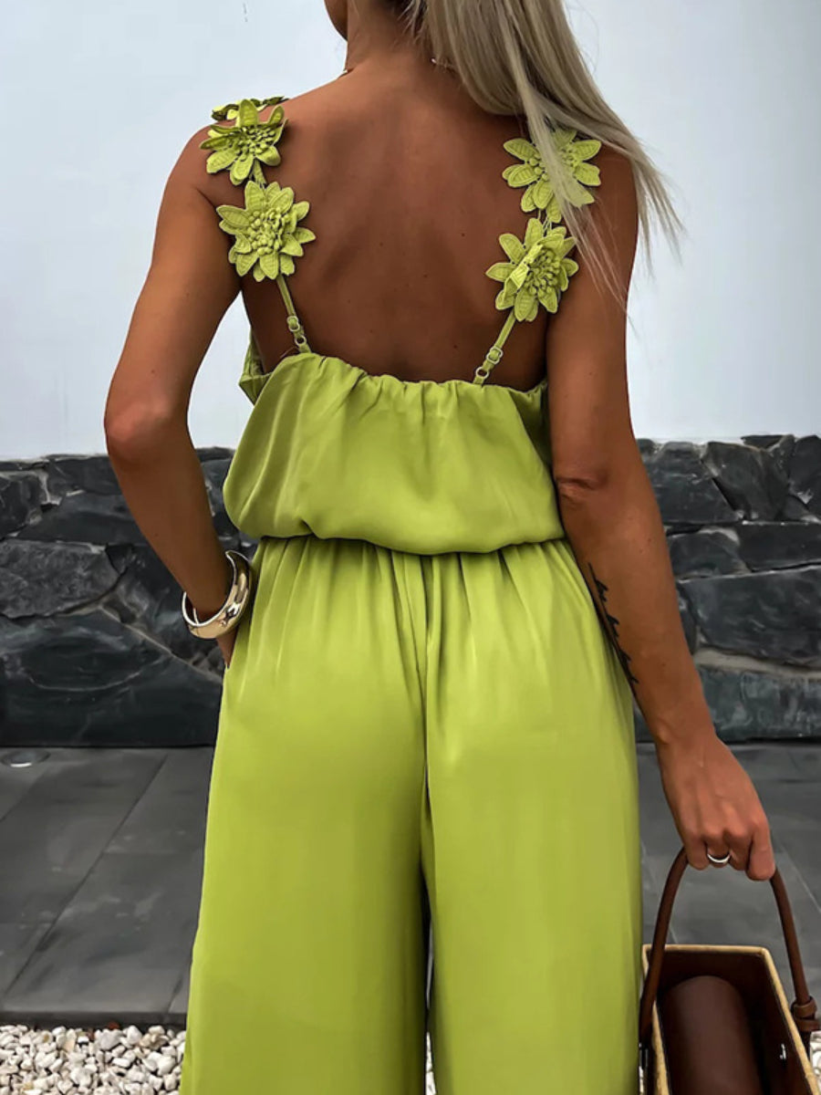 Solid Color Embroidered Flower Suspenders Casual Loose Jumpsuit