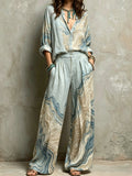 Blue Beige Marble Swirl Print Boho Two Piece Set