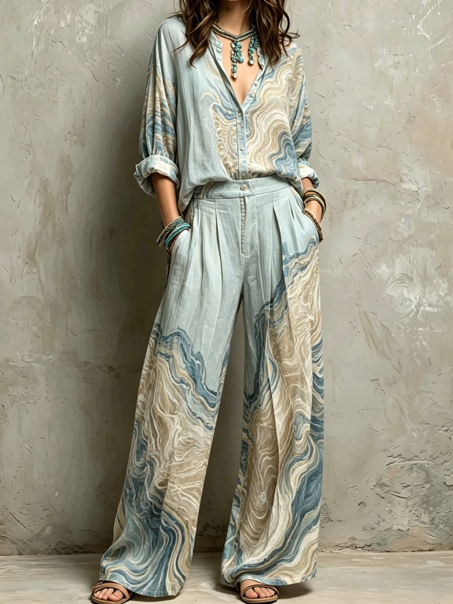 Blue Beige Marble Swirl Print Boho Two Piece Set