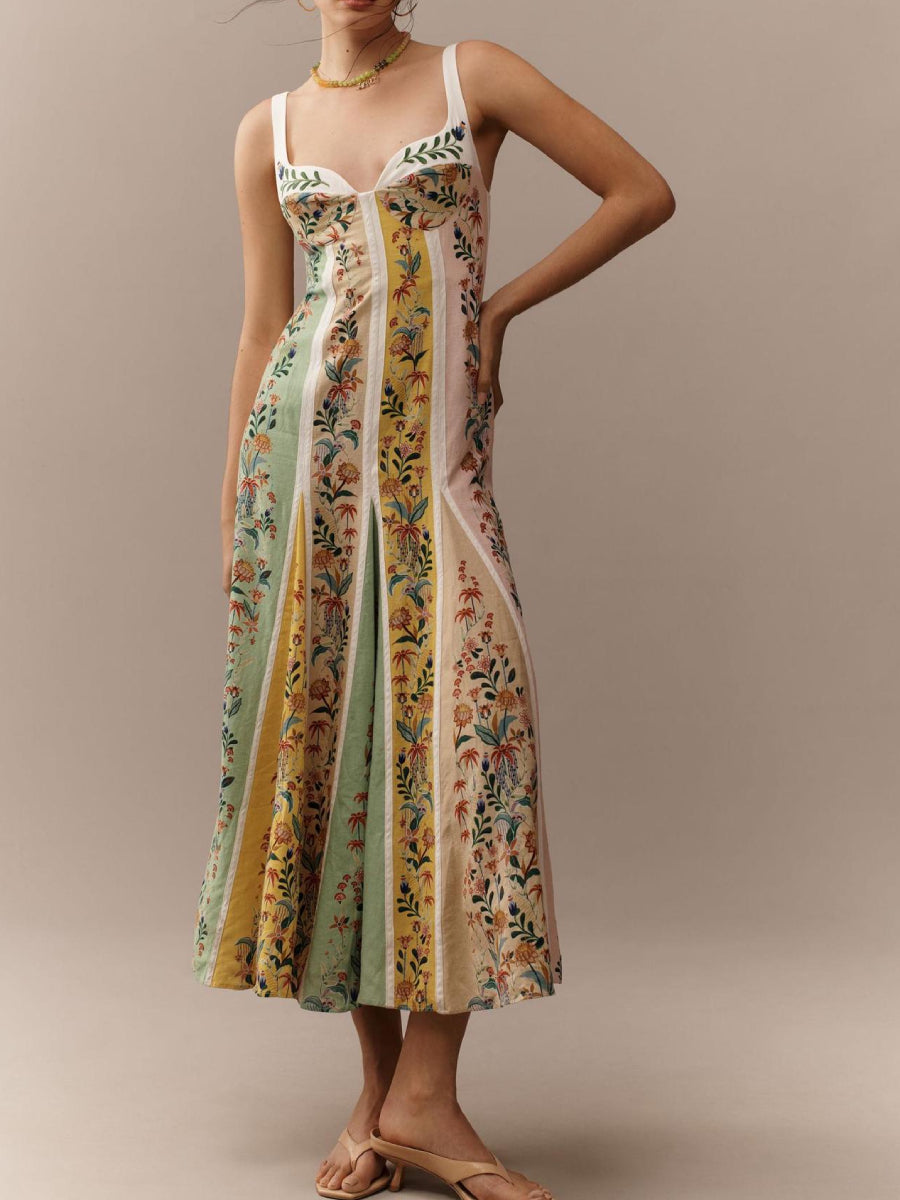 Retro Garden Floral Patchwork Vertical Striped Thin Strap Front Split Flowy Holiday Midi Dress
