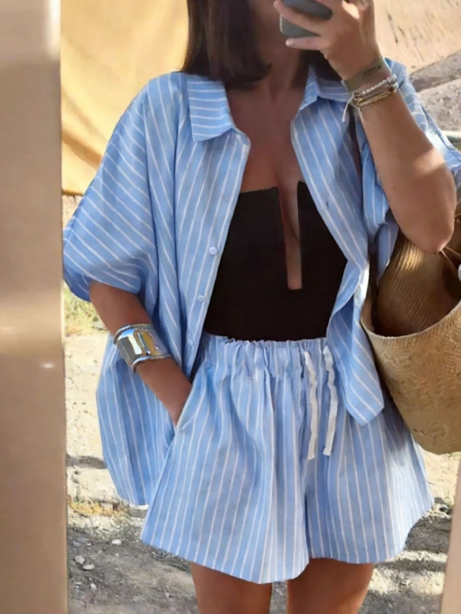 Women Linen Blend Striped Collar Loose Shirt Elastic Drawstring High Waist Casual Short Matching Outfit