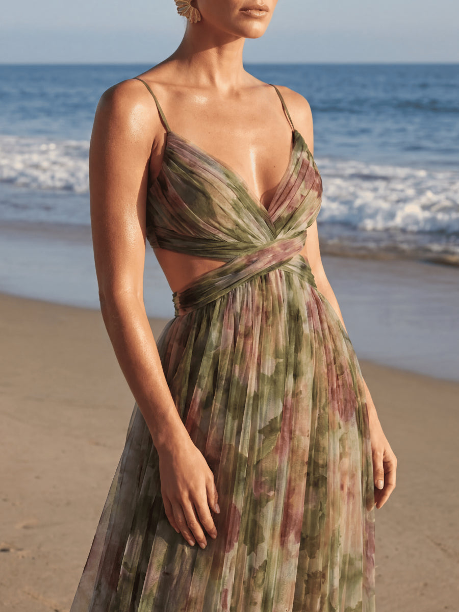 Watercolor Floral Print Tulle Maxi Dress Spaghetti Strap Cutout Waist Formal Gown