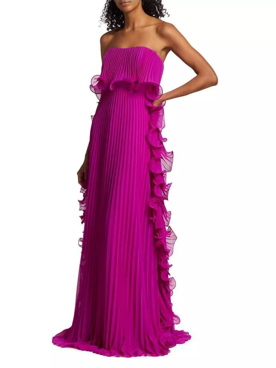 Elegant Off Shoulder Free Bust Ruffle Hem Pleated Sheer Chiffon Floor Length Party Dress