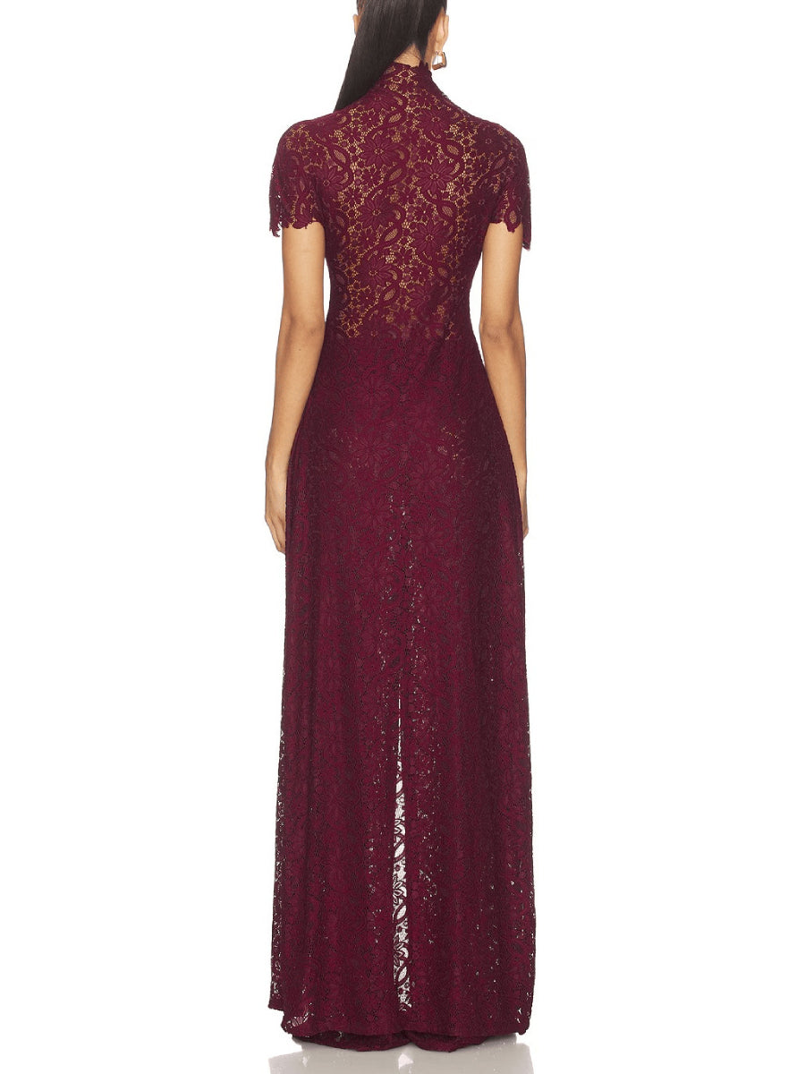 Floral Lace Cutout High Neck Wide Leg Pants Two Piece Matching Set