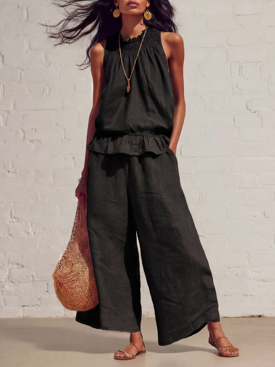 Linen Smocked Neck Ruffle Hem Tank Top Wide Leg Pants Two Piece Matching Set