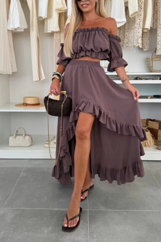 Tube Top Navel Exposed Ruffled Irregular Skirt Two-piece Set