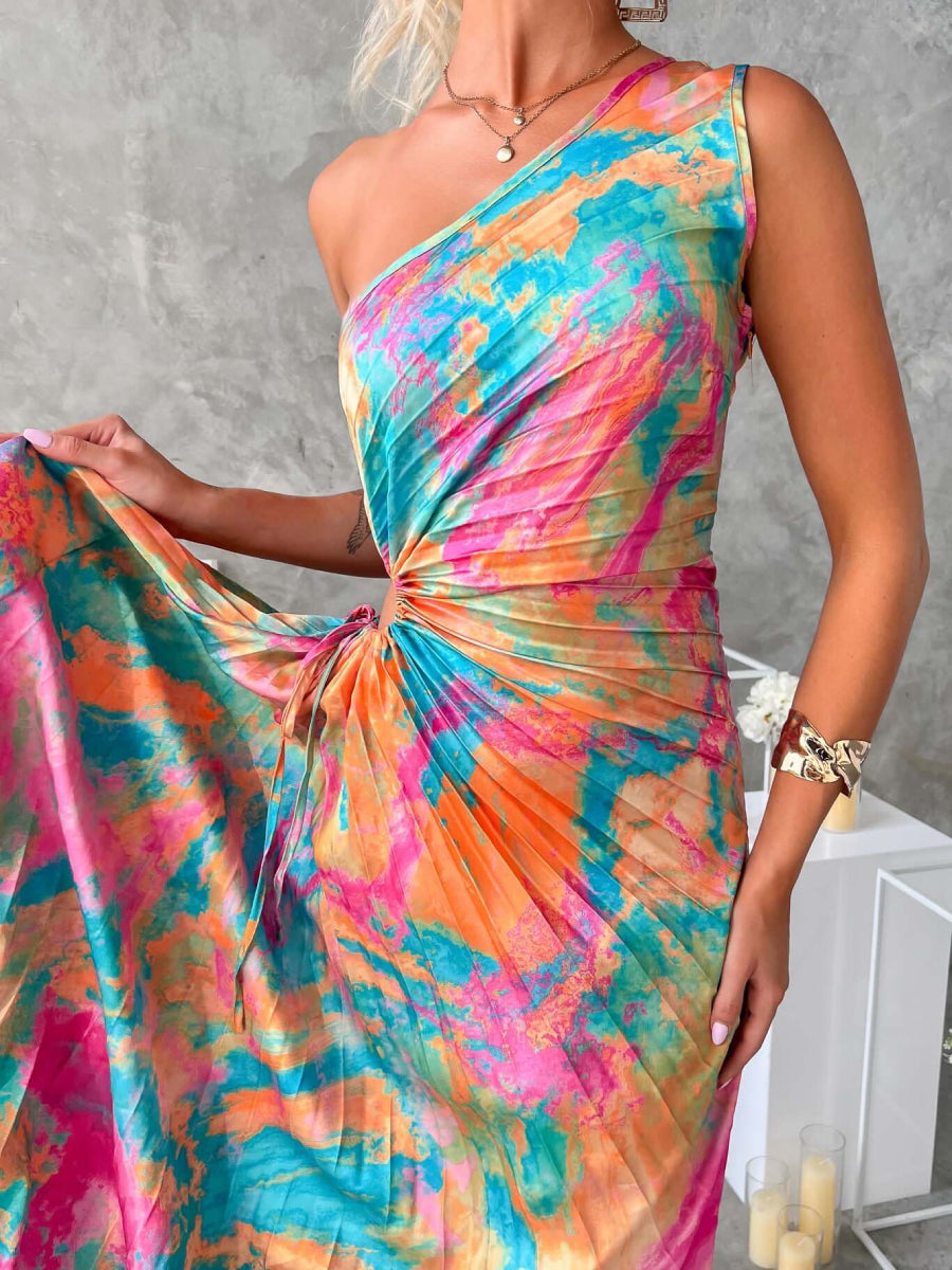 Watercolor Tie Dye One Shoulder Maxi Dress Waist Twist Cut Out High Slit Flowy Chiffon Vacation Sundress