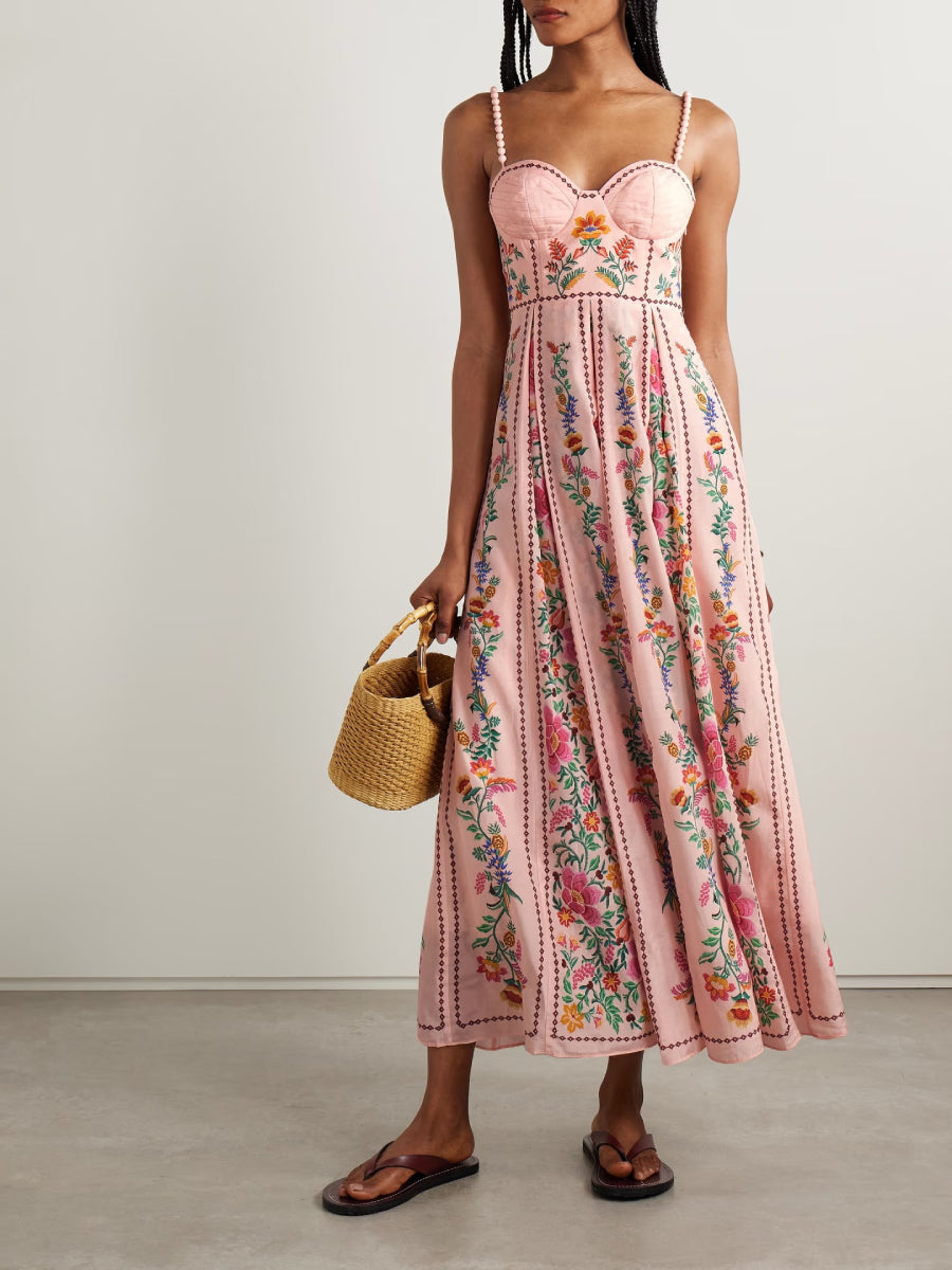 Blush Pink Vertical Floral Print Beaded Strap Bustier Midi Sundress