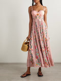 Blush Pink Vertical Floral Print Beaded Strap Bustier Midi Sundress