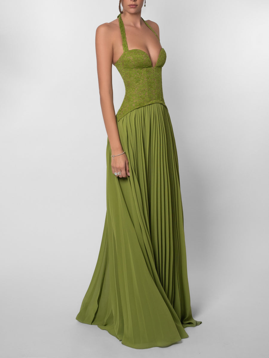 Elegant Lace Corset Bodice Pleated Chiffon Skirt Gala Maxi Dress for Wedding Guest & Red Carpet