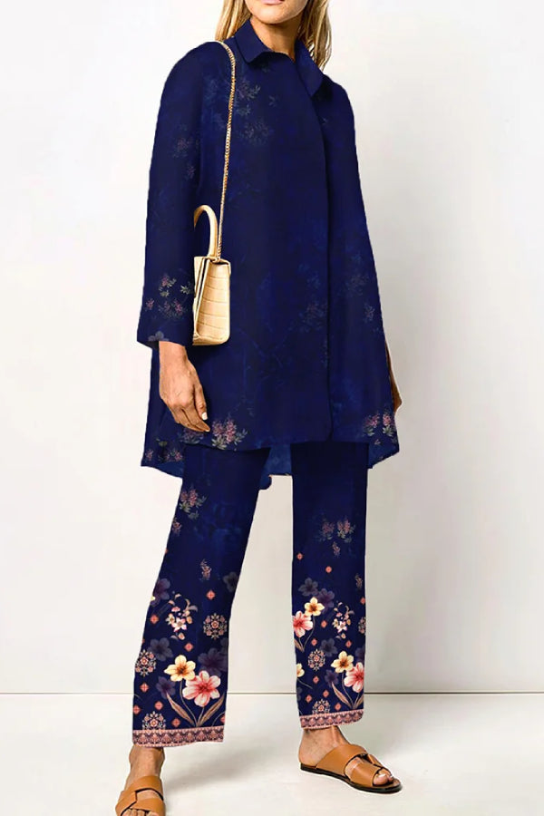 Vintage Flower Elegant Style Two Piece Shirt Set
